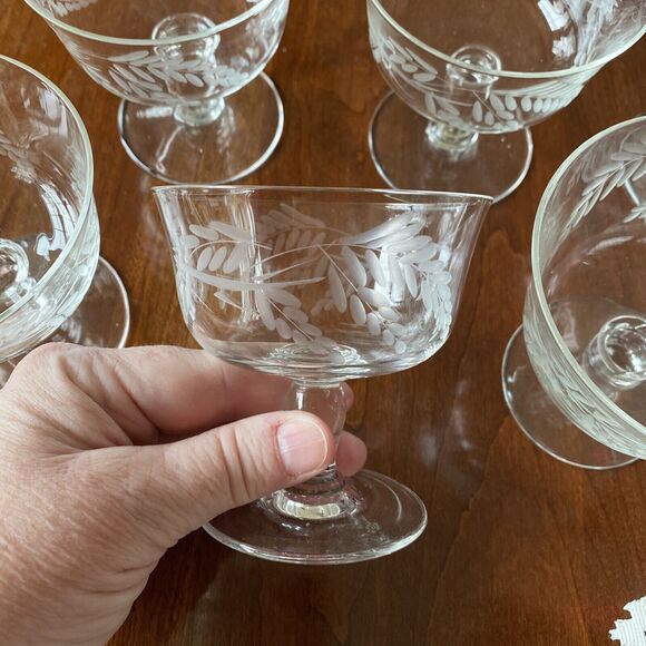 Sasaki Japan SAS28 Low Sherbets Clear Etched Crystal Mid Century Elegant Set (6) - Picture 6 of 10
